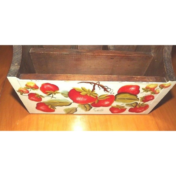 Hand Painted Strawberries Wood Caddy Box Garden Primitive Country Style Divided - Picture 4 of 8